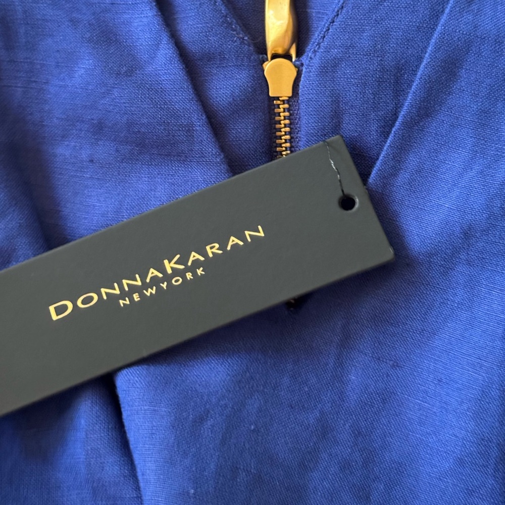 New Donna Karan Women’s V-Neck Sleeveless Belted Linen A-Line Blue Midi Dress - Picture 7 of 7